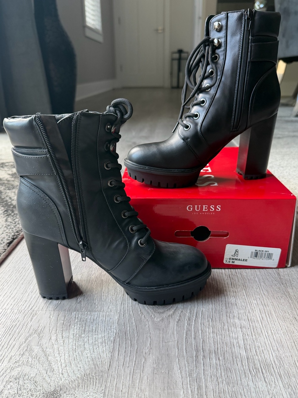 NIB GUESS Emmalee Black Heeled Combat Boots 7.5